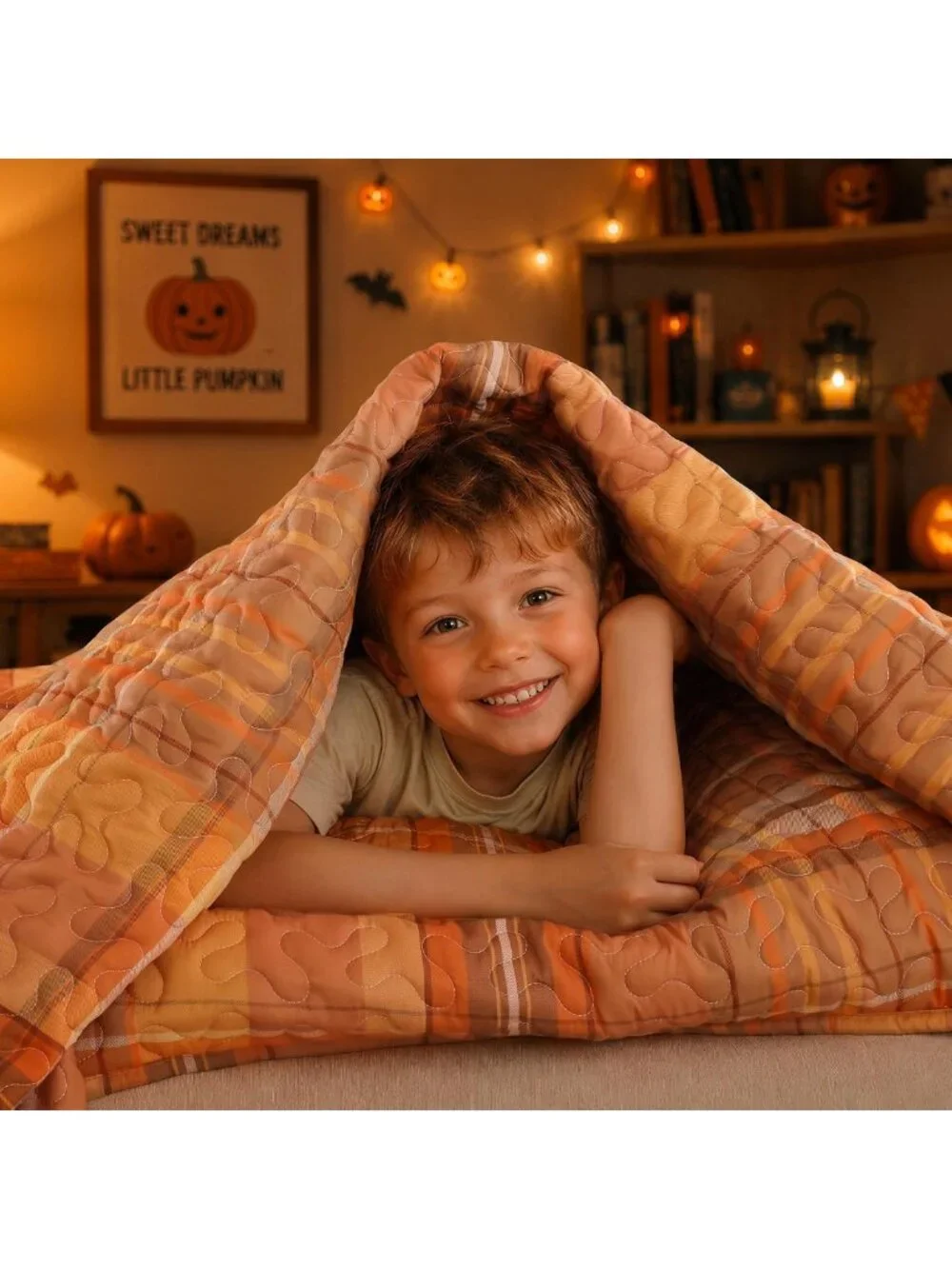 King Size Halloween Quilt Set - Orange Plaid Bedspread & 3-Piece Bedding Set